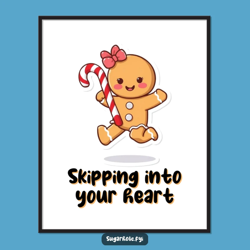 Funny Gingerbread Cookie Skipping Candy Cane Poster - Humorous Wall Art