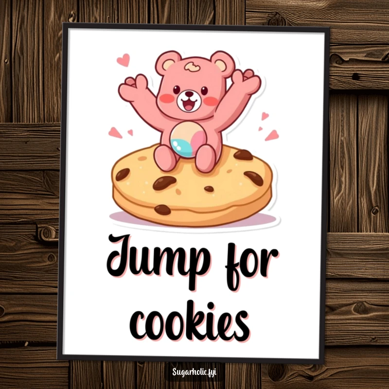Funny poster showcasing a gummy bear character excitedly jumping on a giant cookie, adding a playful and delicious touch to any wall.