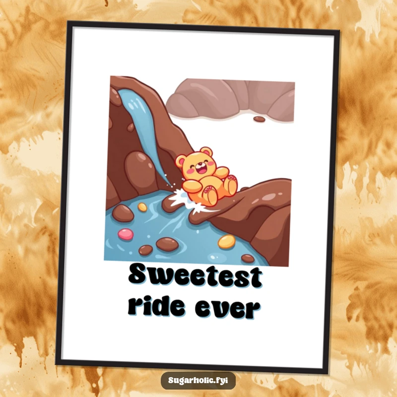 Funny Gummy Bear Poster: A giggling character joyfully sliding down a chocolate river, bringing sweet vibes to any room.