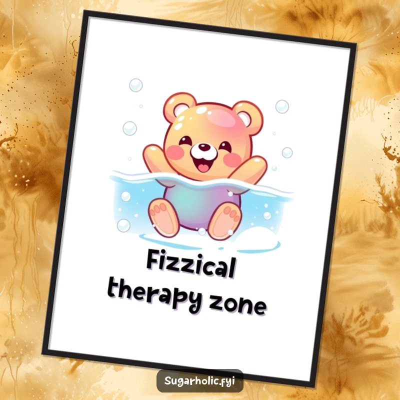 Funny poster of a pleased gummy bear character swimming in a fizzy soda pool, bringing bubbly, humorous vibes to any wall.