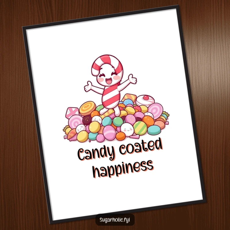 Funny poster capturing a jolly candy cane character in a joyful spin atop a pile of colorful sweets, radiating festive happiness.