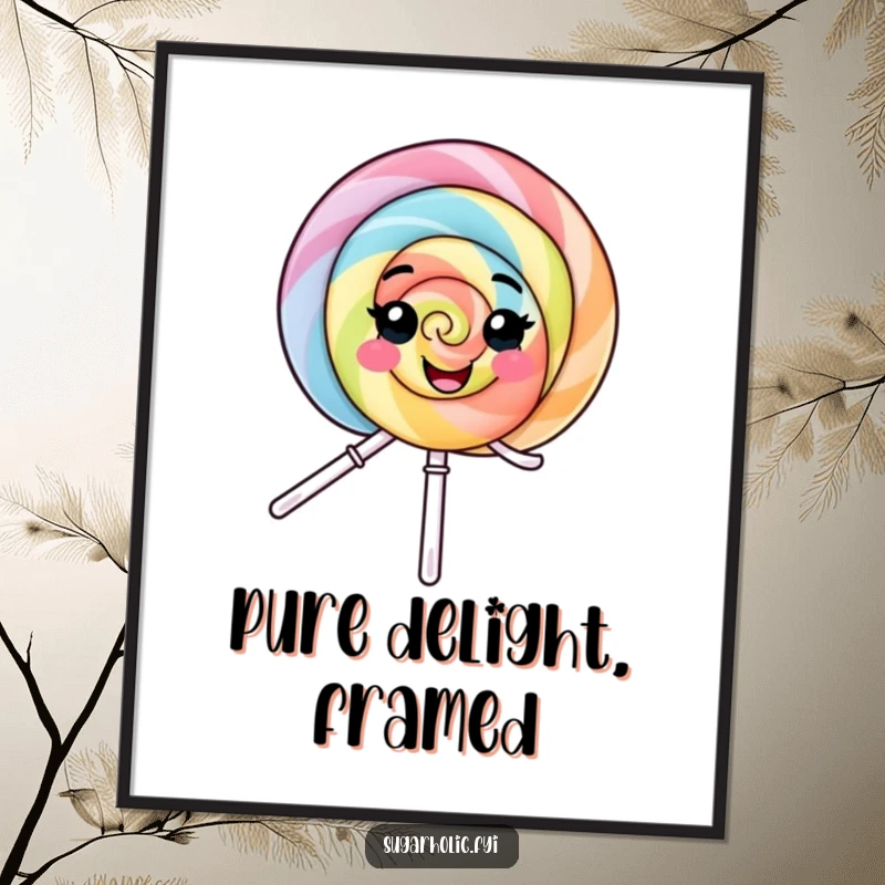 Funny Poster: A joyful lollipop character captured mid-spin with sheer delight, adding a colorful and humorous accent to any wall.