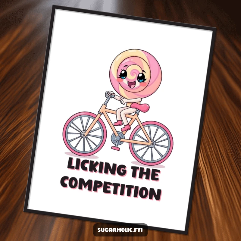 Funny lollipop character excitedly pedals a tiny bicycle made of rock candy, a cheerful and funny art print.