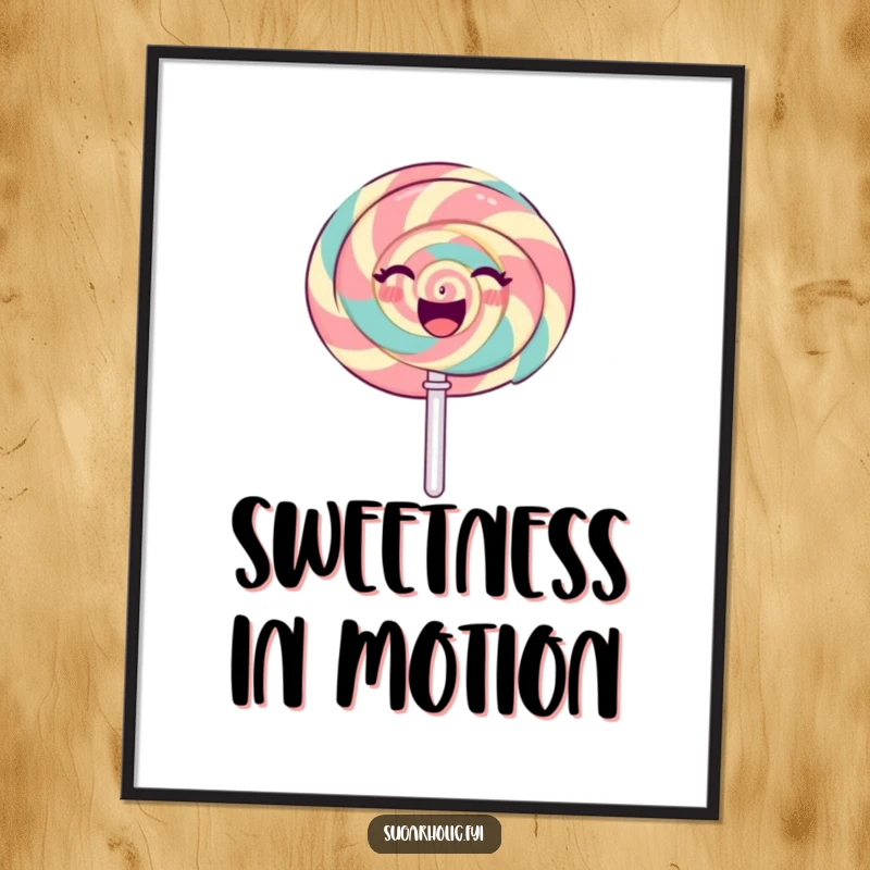 Funny gleeful lollipop character in a joyful spin with a radiant, sweet expression, a colorful and funny poster.