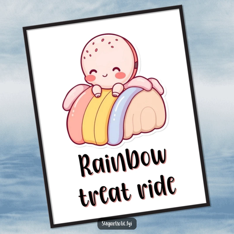 Funny blushing macaroon character sliding down a frosting rainbow, humorous wall art poster for sweet decor.