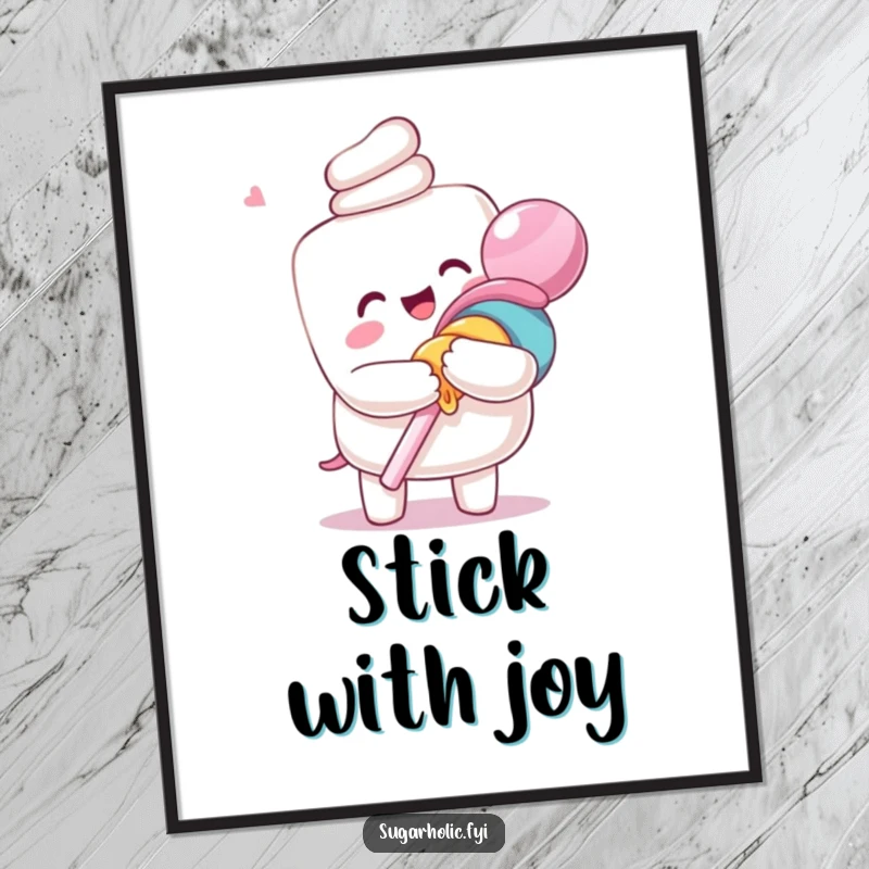 Funny poster of an ecstatic anthropomorphic marshmallow character hugging a giant lollipop, bringing sweet and humorous vibes to any room.