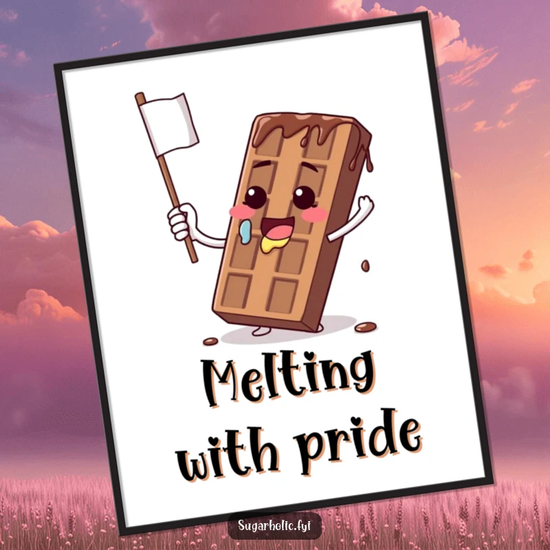 Funny poster capturing a melting chocolate bar character comically waving a dripping flag, evoking sweetness and humor.
