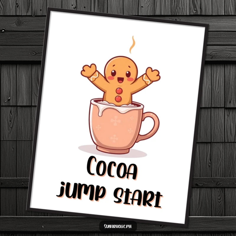 Funny poster capturing a surprised gingerbread man in mid-air, attempting to leap over a steaming mug of hot cocoa.