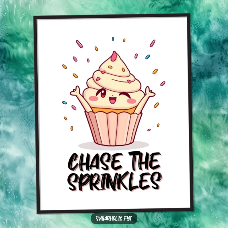 Funny Poster: A delightful winking cupcake character joyfully reaching upwards towards a generous shower of colorful sprinkles.