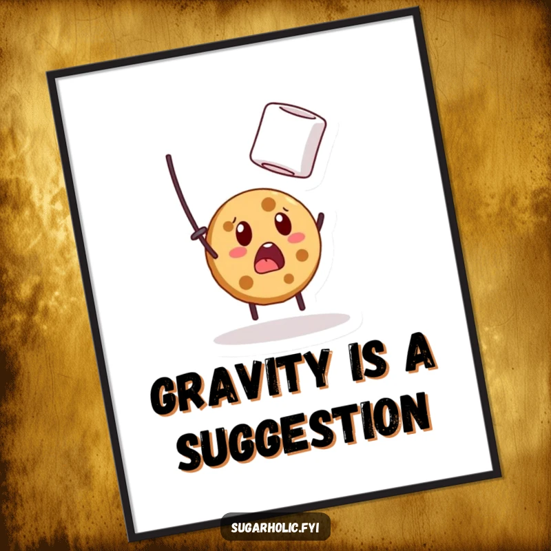 Funny poster showcasing a wide-eyed cookie character comically in pursuit of a floating marshmallow, adding humor to any room.