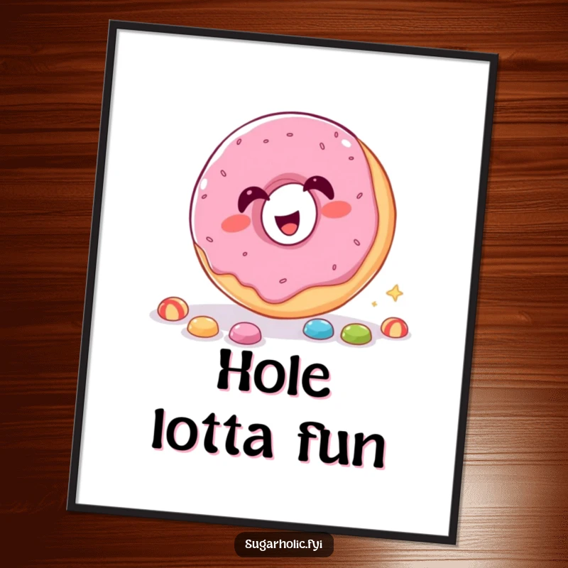 Funny Poster of a giggling donut with its hole, comically catching falling candy pieces.
