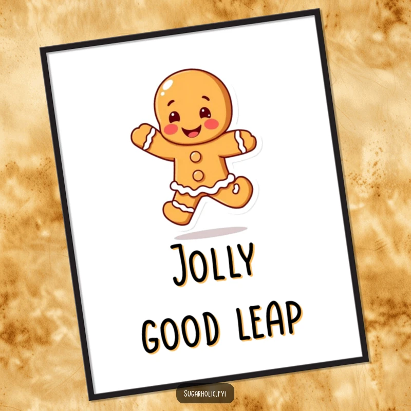 Funny Gingerbread Man Poster showing a blushing character in a happy leap, a sweet and funny art gift.