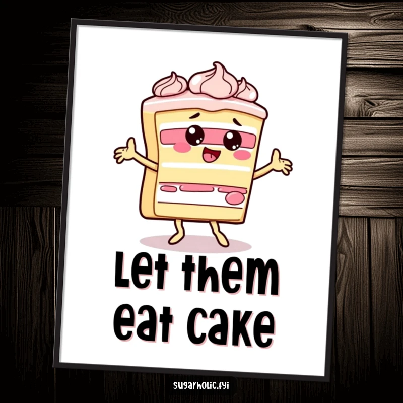 Funny slice of cake character doing a silly, frosting-covered dance, creating a humorous and lively poster.