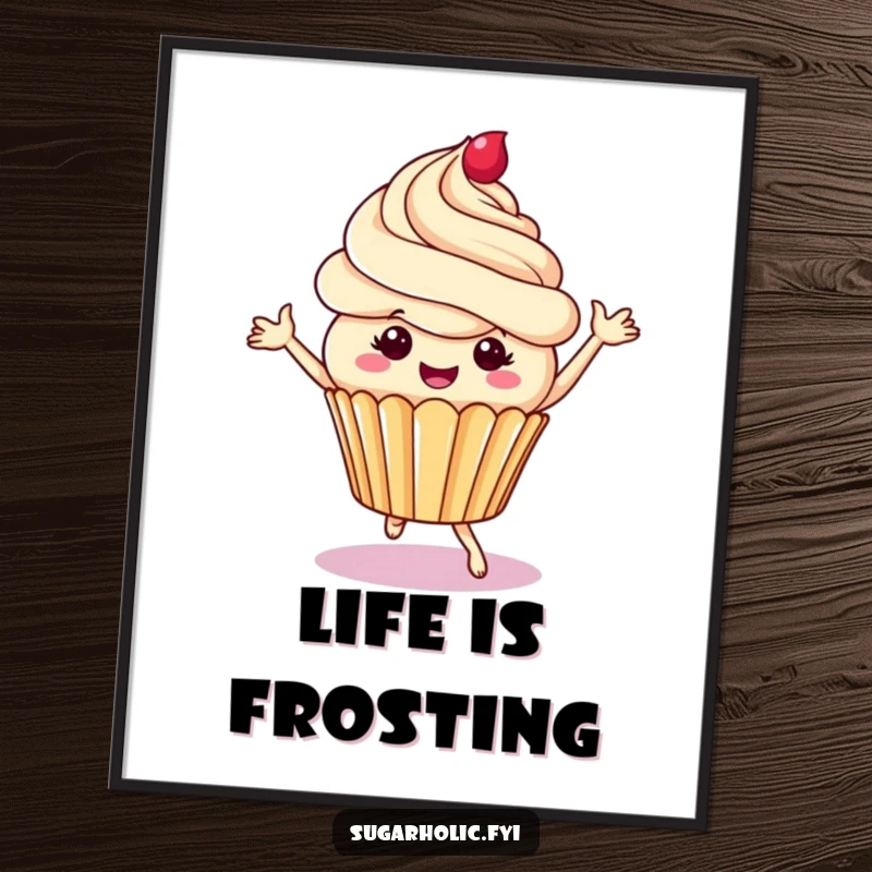 Funny cupcake poster depicting a cheerful character dancing with frosting swirls, vibrant and hilarious wall art for kitchens or dessert lovers.