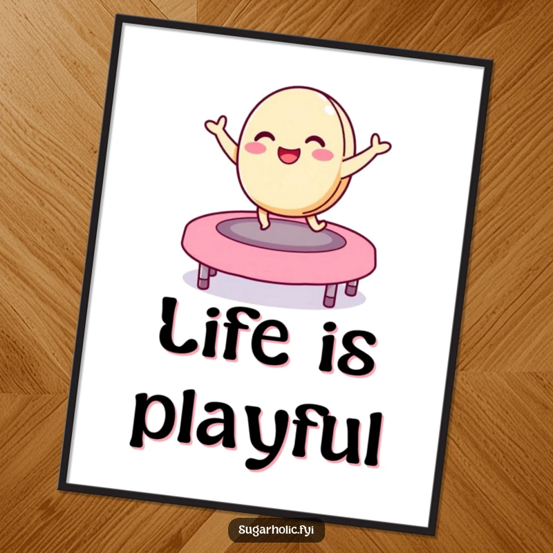 Funny macaron poster depicting a delighted character bouncing on a jelly bean trampoline, vibrant and hilarious wall art for kitchens or sweet spaces.