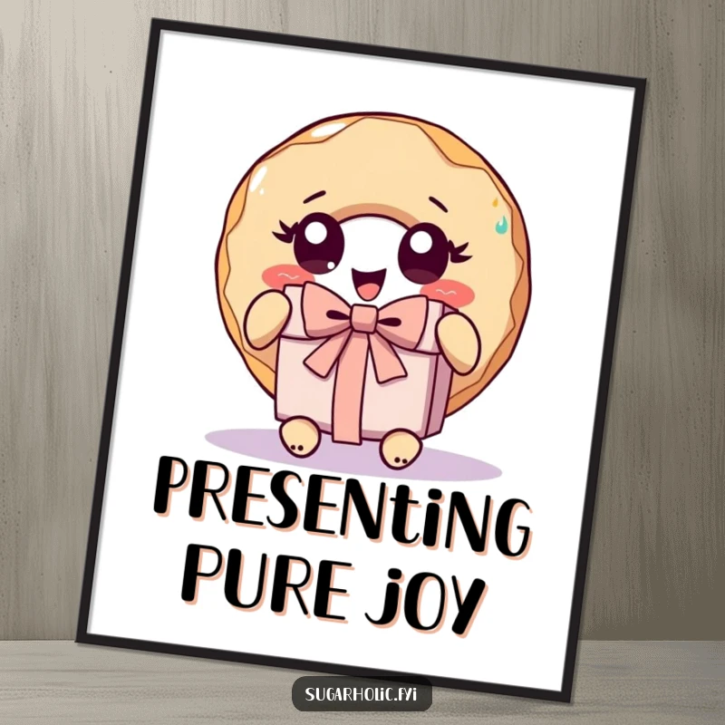 Funny donut character with wide, excited eyes unwrapping a present, creating a humorous and delightful poster.