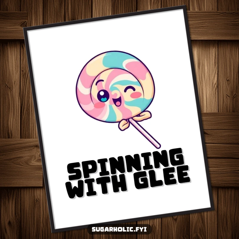 Funny Lollipop Poster showing a playful lollipop character spinning with delight, a vibrant and funny art gift.