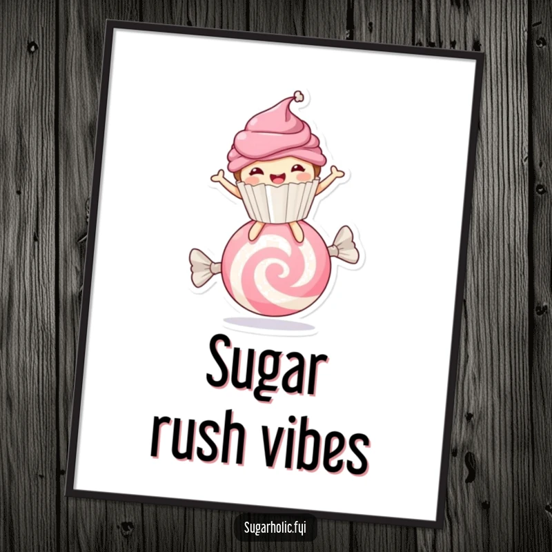 Funny cupcake character bouncing on a giant candy, humorous wall art poster for sweet decoration.