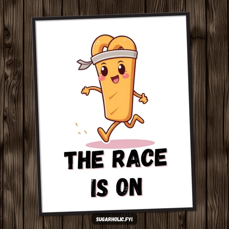 Funny poster featuring a determined pretzel stick with a sweatband, running a race, conveying motivation and humor.