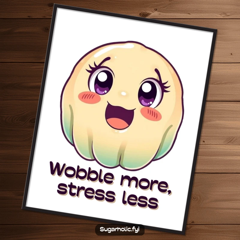 Funny wobbly jelly poster, featuring a cute cartoon jelly character with wide, excited eyes in a playful rolling motion, bringing joy.