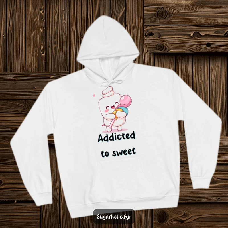 Funny hoodie featuring an ecstatic anthropomorphic marshmallow character hugging a giant lollipop for cozy and sweet humorous wear.