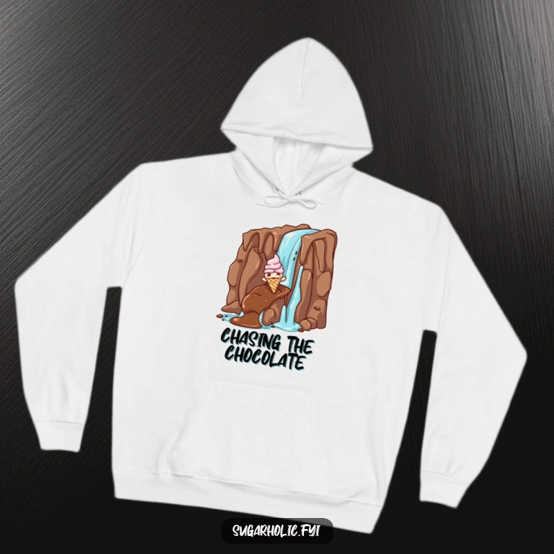Funny ice cream cone hoodie featuring a giddy character sliding down a chocolate waterfall, cozy and hilarious gift for sweet thrill seekers.
