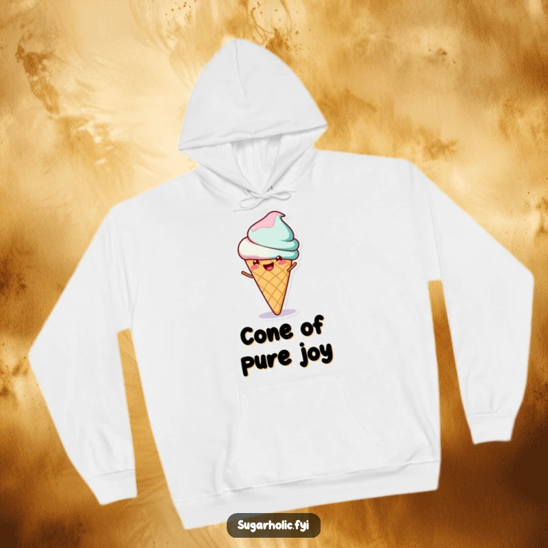Funny hoodie with a gleeful ice cream cone character joyfully spinning, radiating pure, contagious happiness.