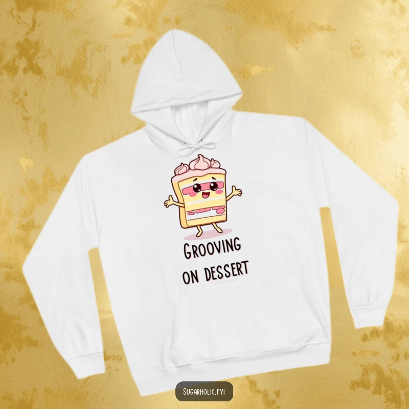 Funny slice of cake character doing a silly dance with frosting, depicted on a warm and humorous hoodie.