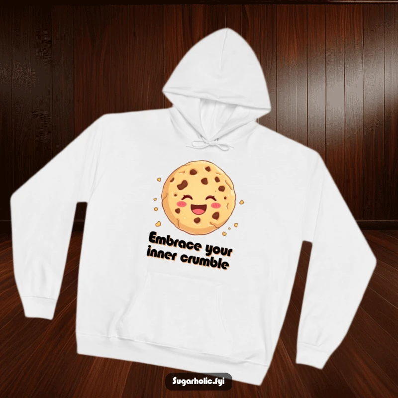 Funny cookie crumble hoodie, a soft garment featuring a cartoon cookie cheerfully crumbling, ideal for comfort and humor.
