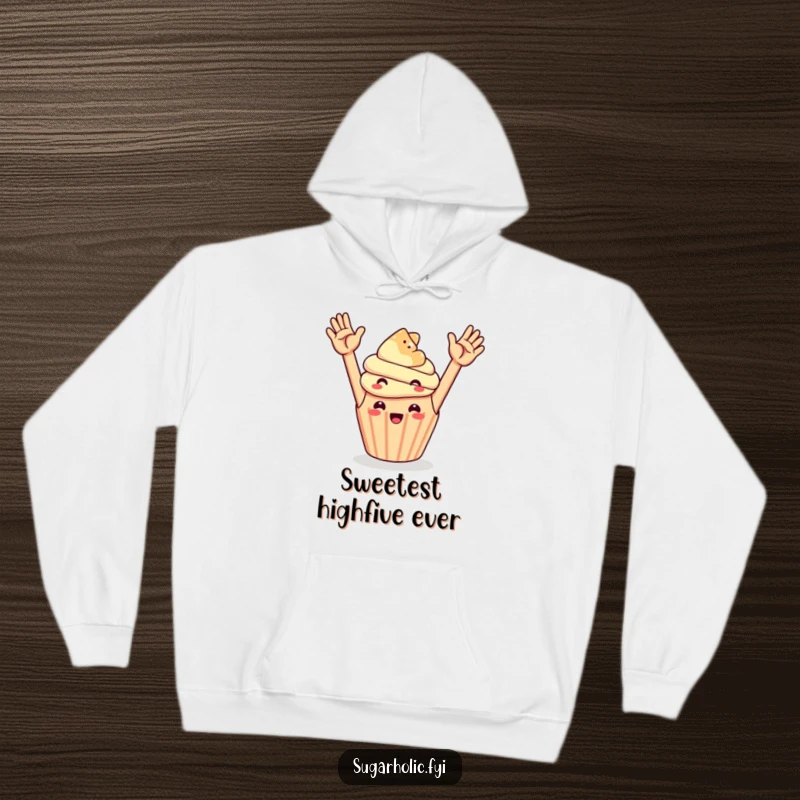 Funny cheerful cupcake high-fiving a floating gummy bear, designed for a cozy and humorous hoodie.