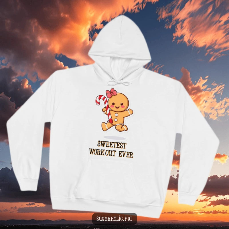 Funny gingerbread cookie character skipping with a candy cane, depicted on a warm and humorous hoodie for ultimate comfort.