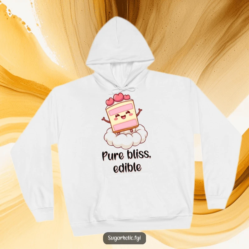 Funny happy slice of cake bouncing on a cloud made of whipped cream, designed for a cozy hoodie.