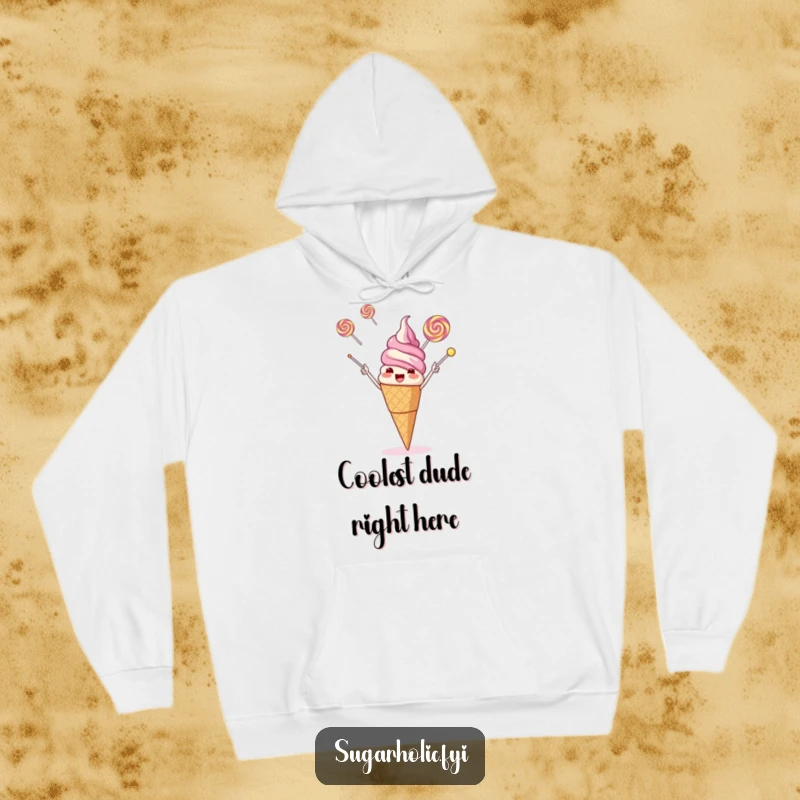 Funny giggling ice cream cone juggling three flying lollipops with its cone, designed for a cozy hoodie.
