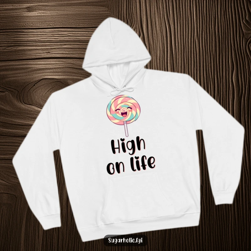 Funny gleeful lollipop character captured mid-spin with a radiating sweet expression, a soft and funny hoodie.