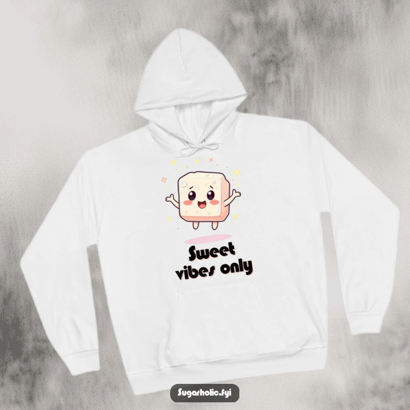Funny sugar cube character bouncing with excitement, surrounded by sparkles, printed on a soft, warm hoodie for cozy, humorous wear.