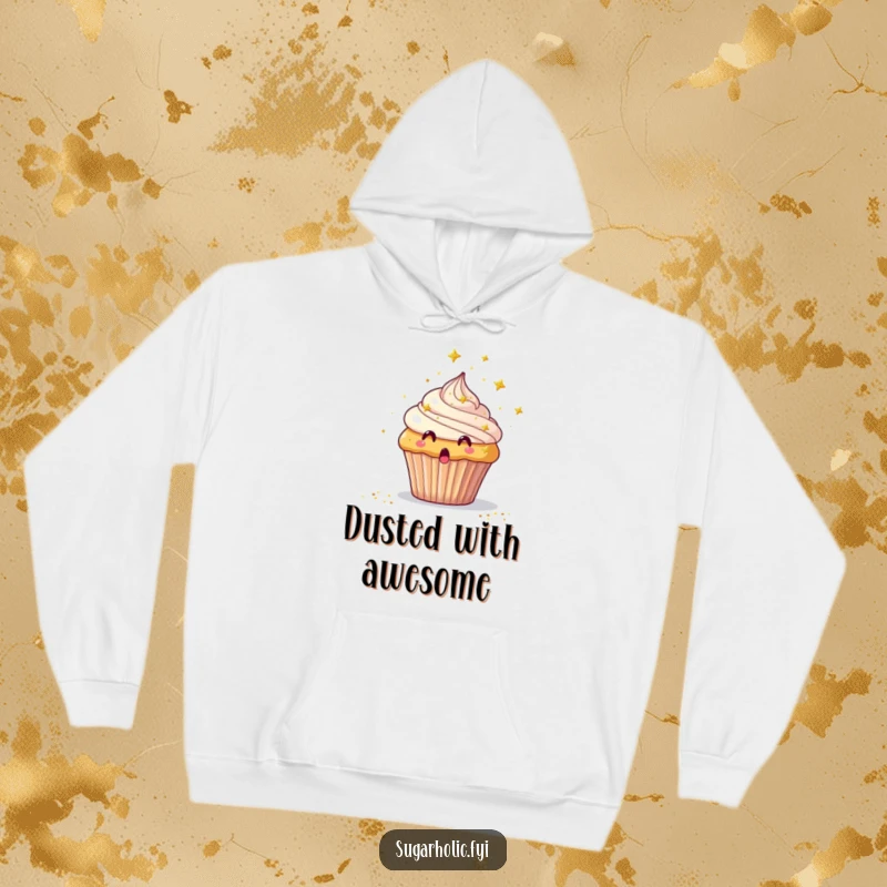 Funny Hoodie with a surprised cupcake being showered by tiny edible glitter stars, offering cozy fun.