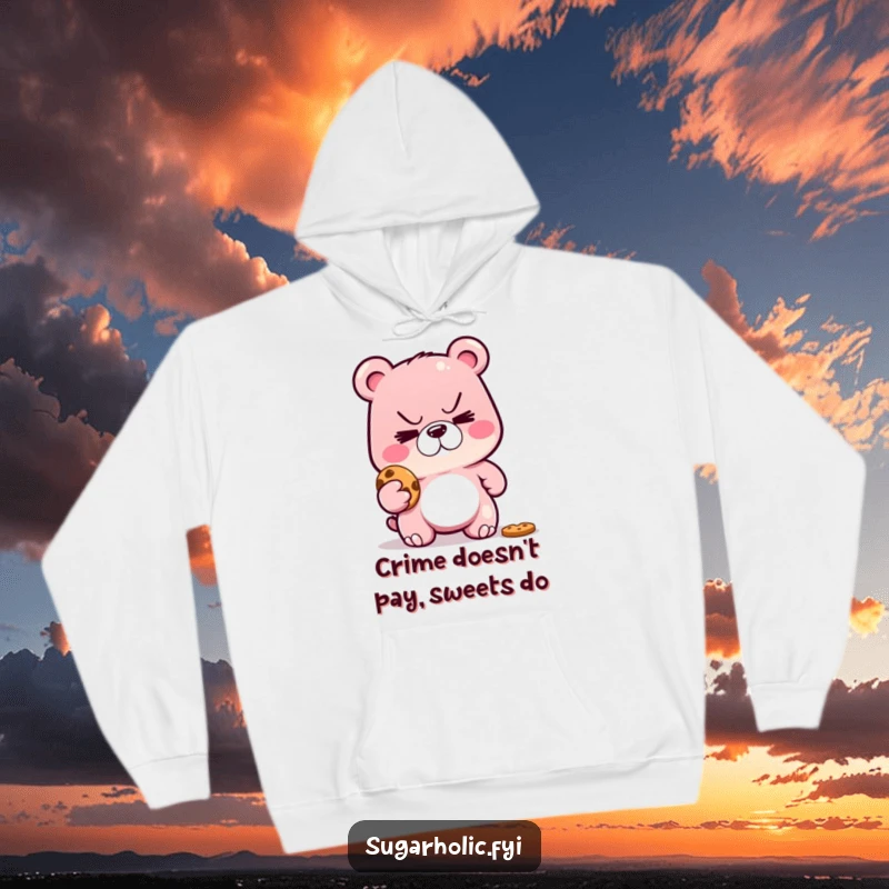 Funny hoodie with a sly gummy bear sporting a mischievous grin, plotting to steal a delicious cookie, perfect for cold days.