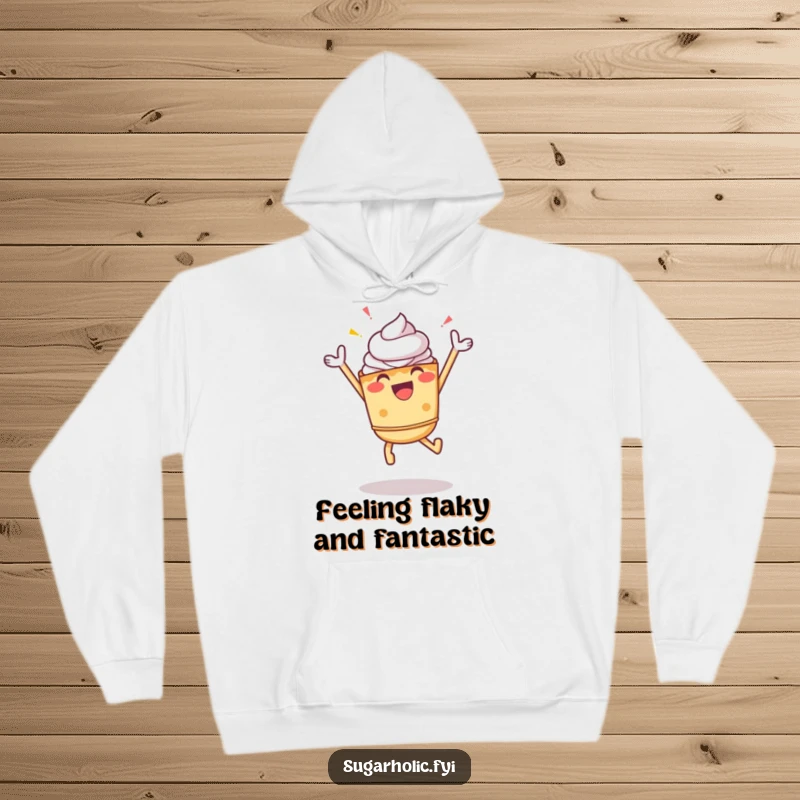 Funny Pie Hoodie: A cheerful pie character joyfully jumping in the air, perfect for staying warm and celebrating.