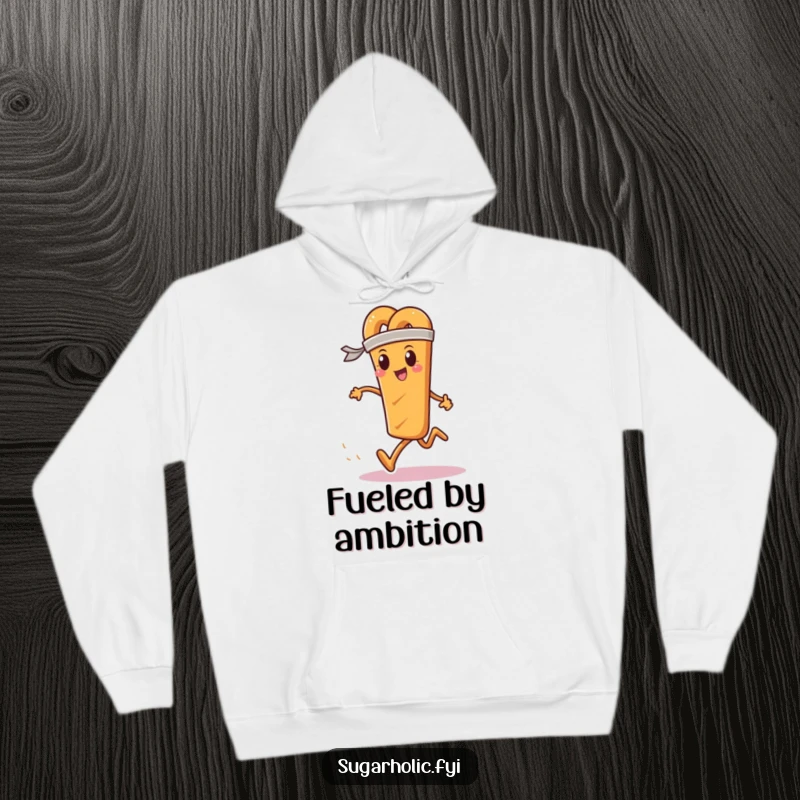 Funny hoodie featuring a determined pretzel stick wearing a sweatband, running a race, symbolizing perseverance.