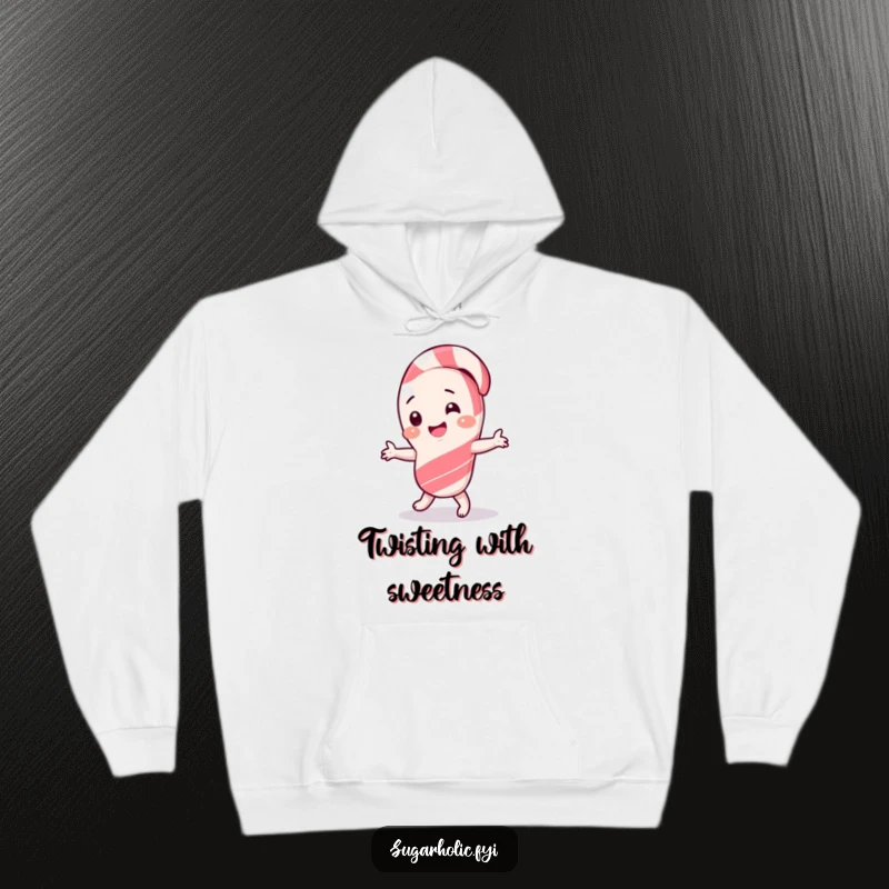 Funny Hoodie featuring a giggling candy cane character in the midst of a silly dance, radiating merriment.