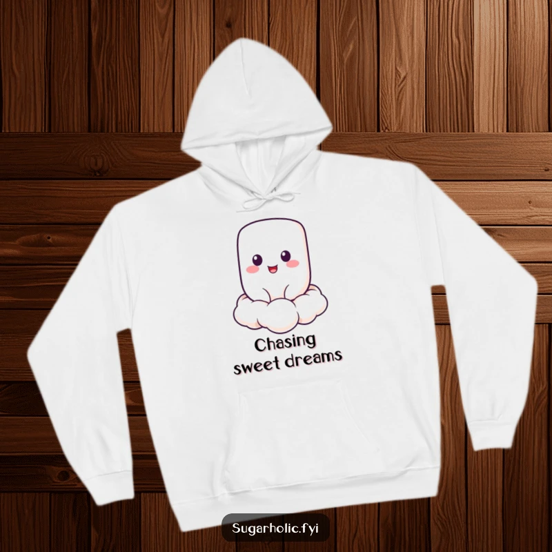 Funny Marshmallow Hoodie featuring a cheerful marshmallow character floating on a cloud, cozy and funny gift.