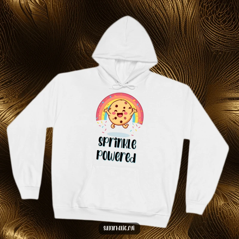 Funny cookie hoodie featuring a happy character leaping through a rainbow of sprinkles, cozy and hilarious gift for spreading cheer and sweet vibes.