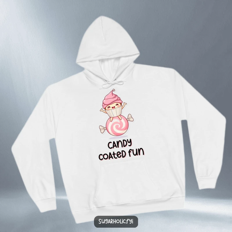 Funny cupcake character bouncing on a giant candy, hooded sweatshirt, cozy and sugary humorous apparel.