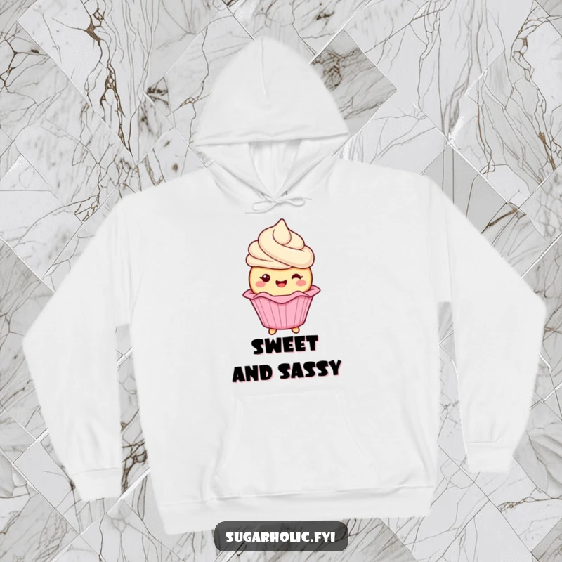 Funny cupcake character with frosting gleefully wiggling its wrapper on a cozy hoodie, combining warmth, comfort, and humor, a funny gift.