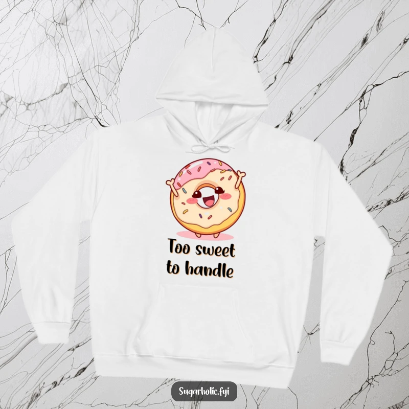 Funny donut character with sprinkles bouncing ecstatically on a cozy hoodie, a delightful and humorous apparel choice for a funny gift.