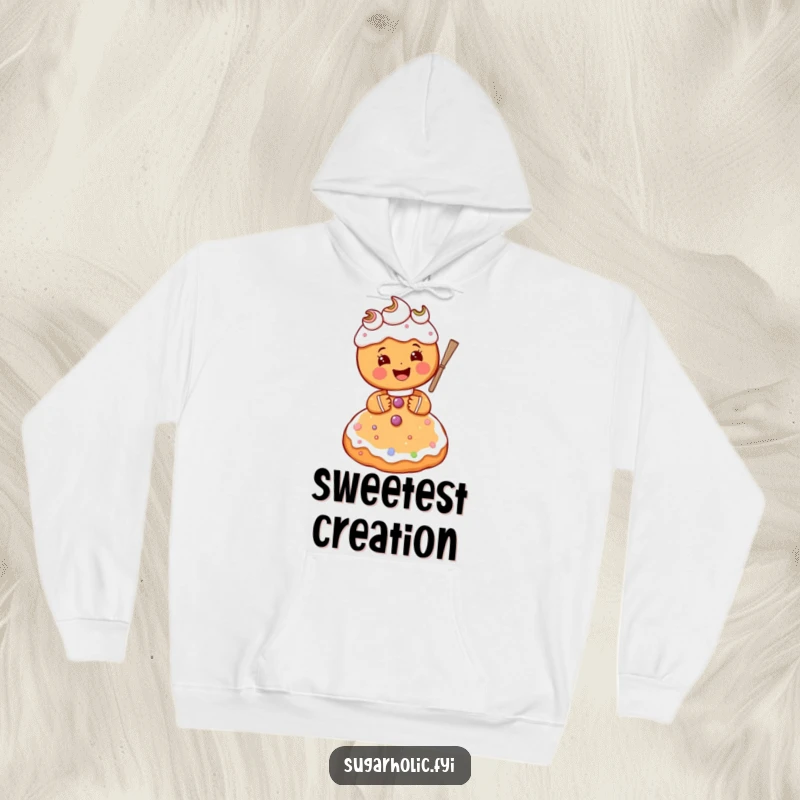 Funny gingerbread person character gleefully frosting a giant sugar cookie, a warm and humorous hoodie for bakers.