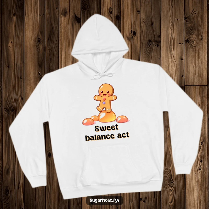 Funny hoodie featuring a joyful gingerbread person character maintaining balance on unstable jelly candies, exuding happiness.