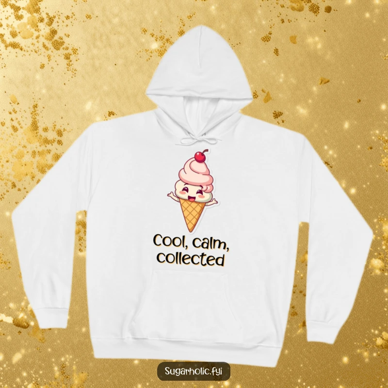 Funny ice cream cone character with a cherry on top giggling and spinning on a cozy hoodie, offering warmth and humor, a funny gift.