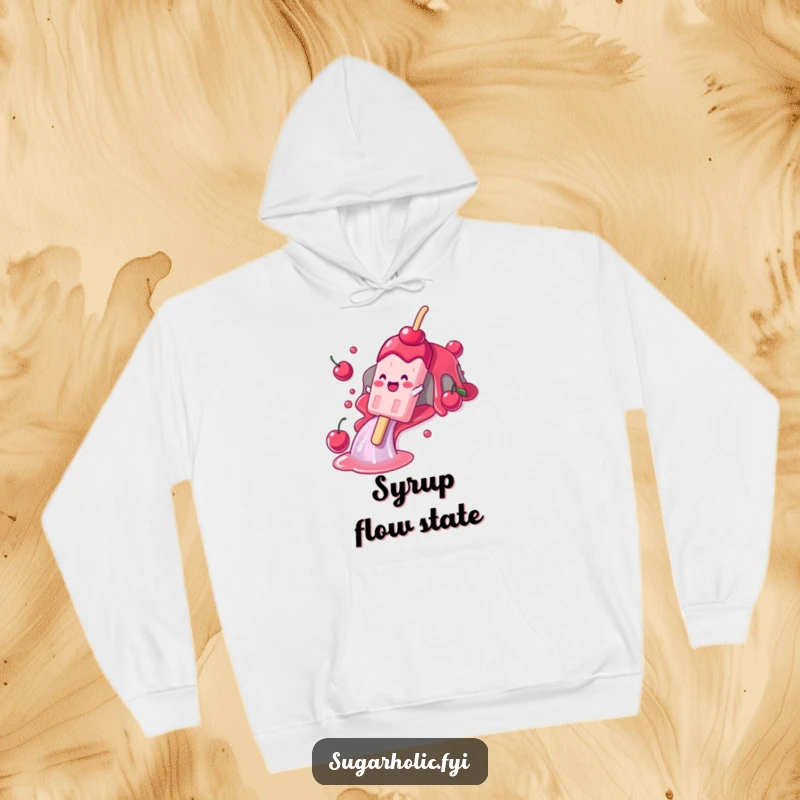 Funny hoodie with a gleeful popsicle character gracefully sliding down a cherry syrup waterfall, offering cozy, cool, and humorous vibes.