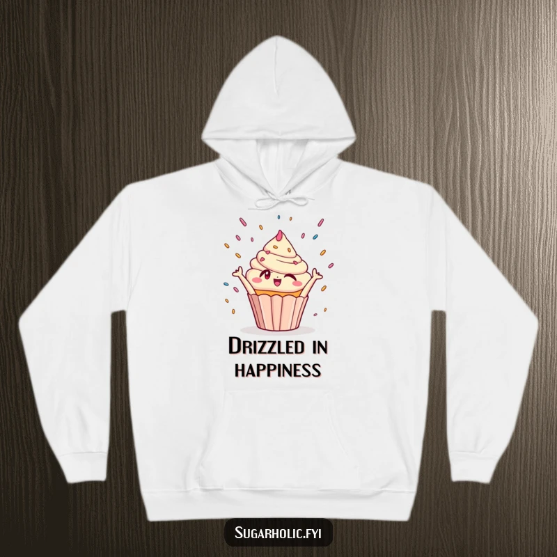 Funny Hoodie: Adorable winking cupcake character joyfully reaching for a delightful rain of sprinkles, perfect for sweet comfort.